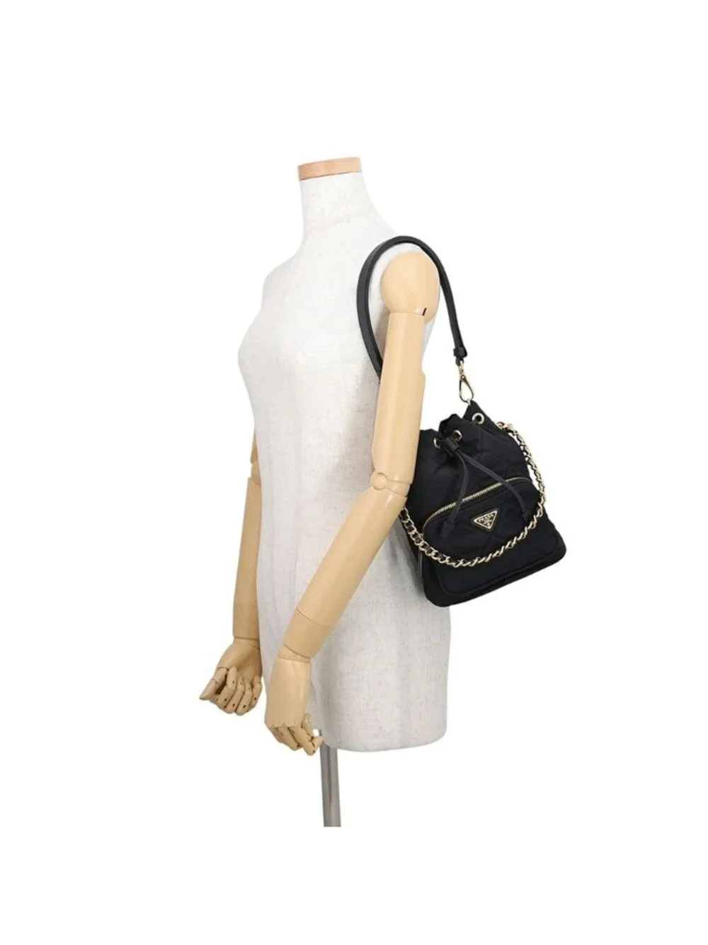 Prada Duet Drawstring Triangle Logo Nylon Leather 2-Way Shoulder Bag Black